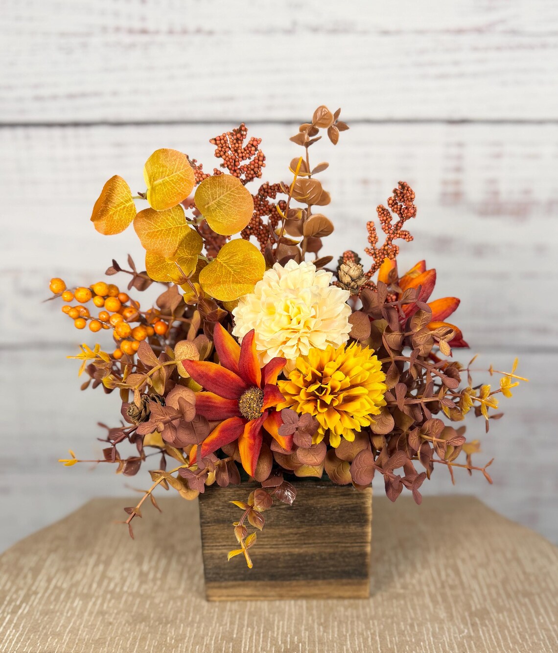 Fall Floral Arrangement | Mustard Yellow, Orange & Brown | 14" Tall