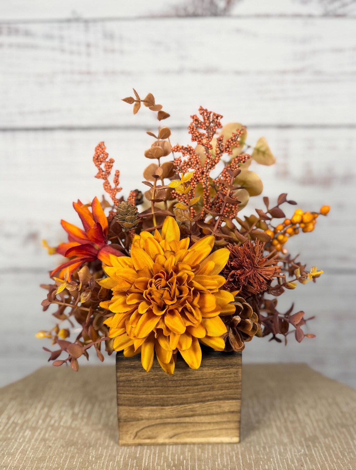 Fall Floral Arrangement | Mustard Yellow, Orange & Brown | 14" Tall
