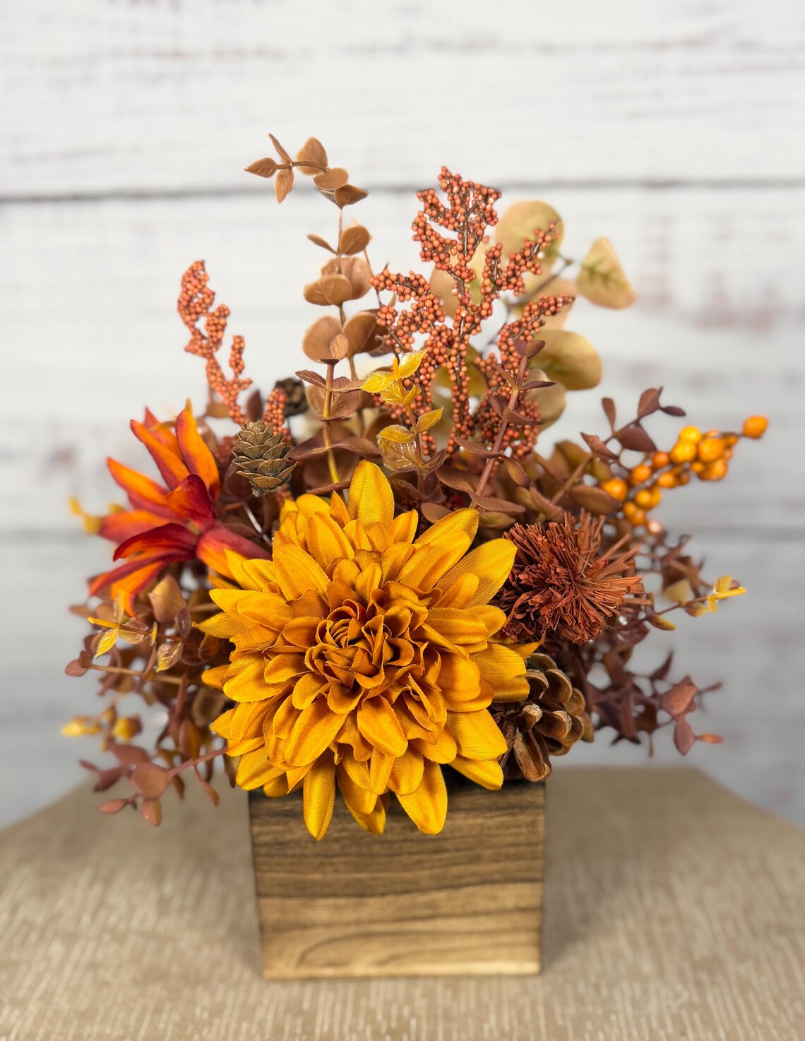 Fall Floral Arrangement | Mustard Yellow, Orange & Brown | 14" Tall