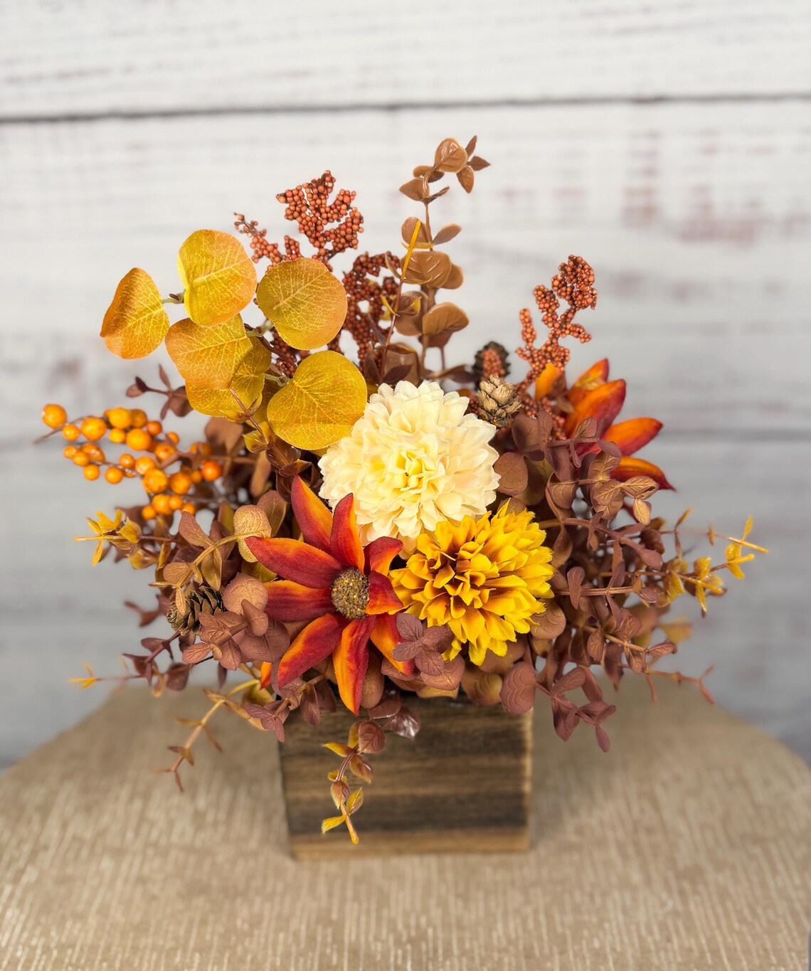 Fall Floral Arrangement | Mustard Yellow, Orange & Brown | 14" Tall