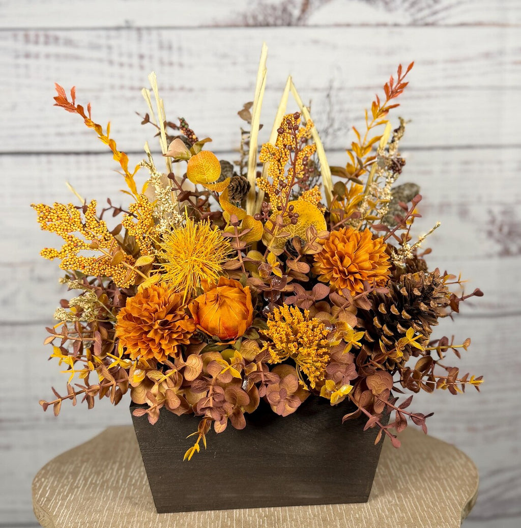 Rustic Orange Mum Fall Arrangement | Orange, Gold & Brown | 15" Tall