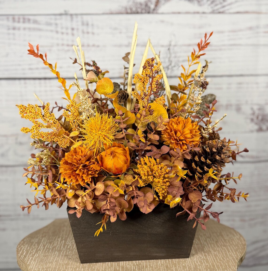 Rustic Orange Mum Fall Arrangement | Orange, Gold & Brown | 15" Tall