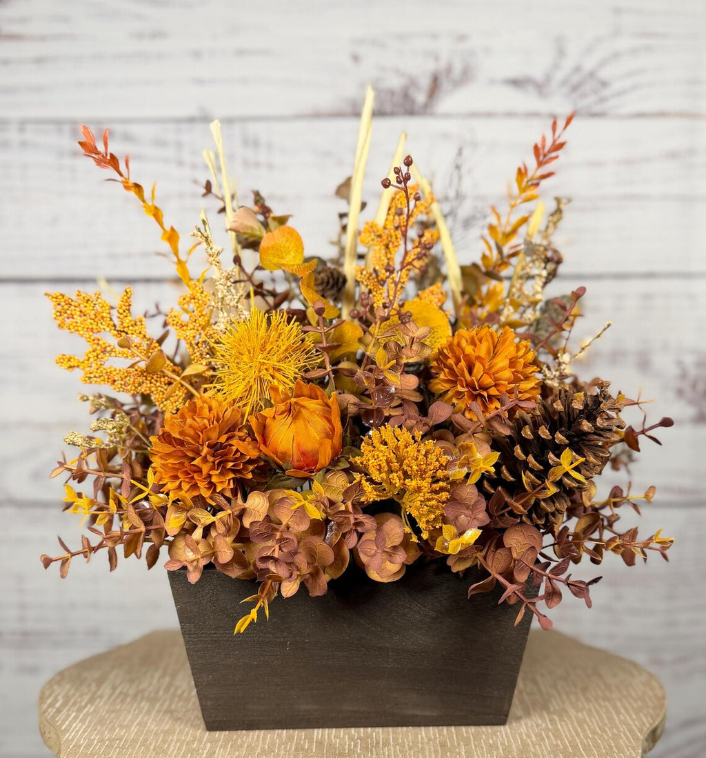 Rustic Orange Mum Fall Arrangement | Orange, Gold & Brown | 15" Tall
