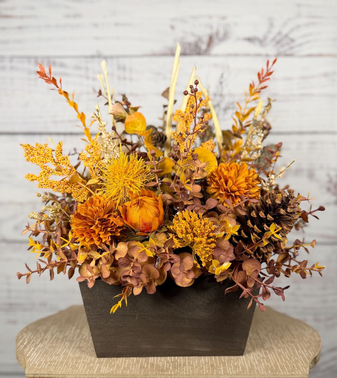 Rustic Orange Mum Fall Arrangement | Orange, Gold & Brown | 15" Tall