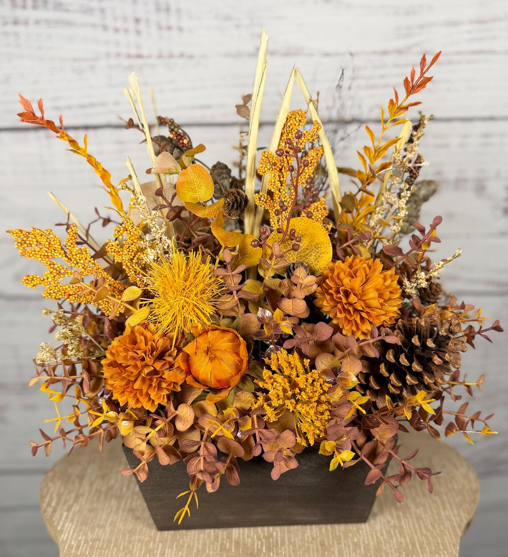Rustic Orange Mum Fall Arrangement | Orange, Gold & Brown | 15" Tall