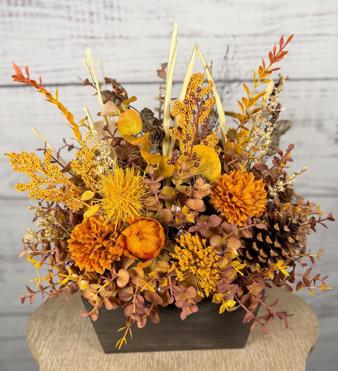Rustic Orange Mum Fall Arrangement | Orange, Gold & Brown | 15" Tall