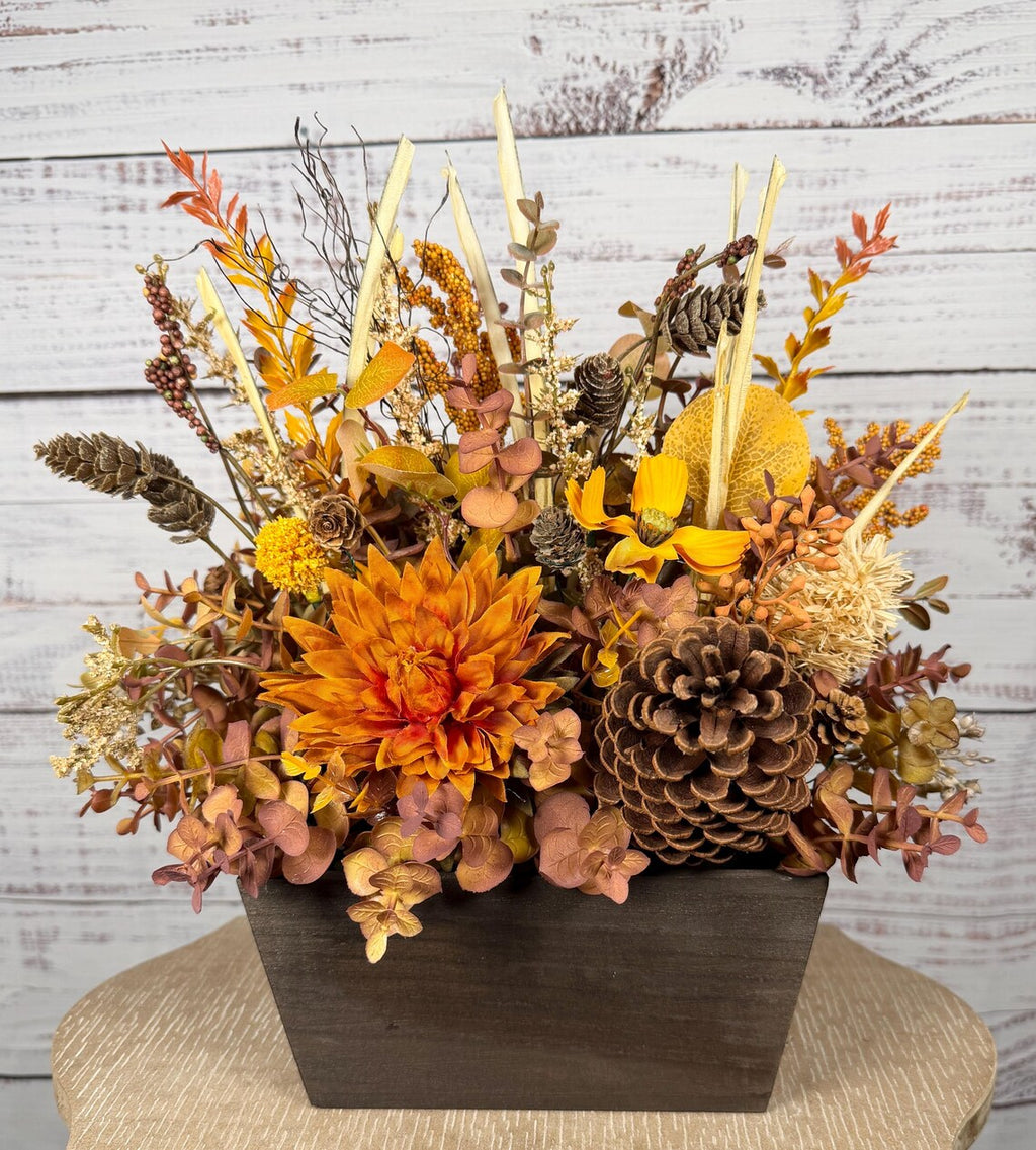 Rustic Orange Mum Fall Arrangement | Orange, Gold & Brown | 15" Tall