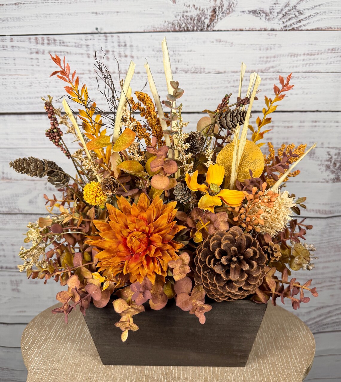 Rustic Orange Mum Fall Arrangement | Orange, Gold & Brown | 15" Tall