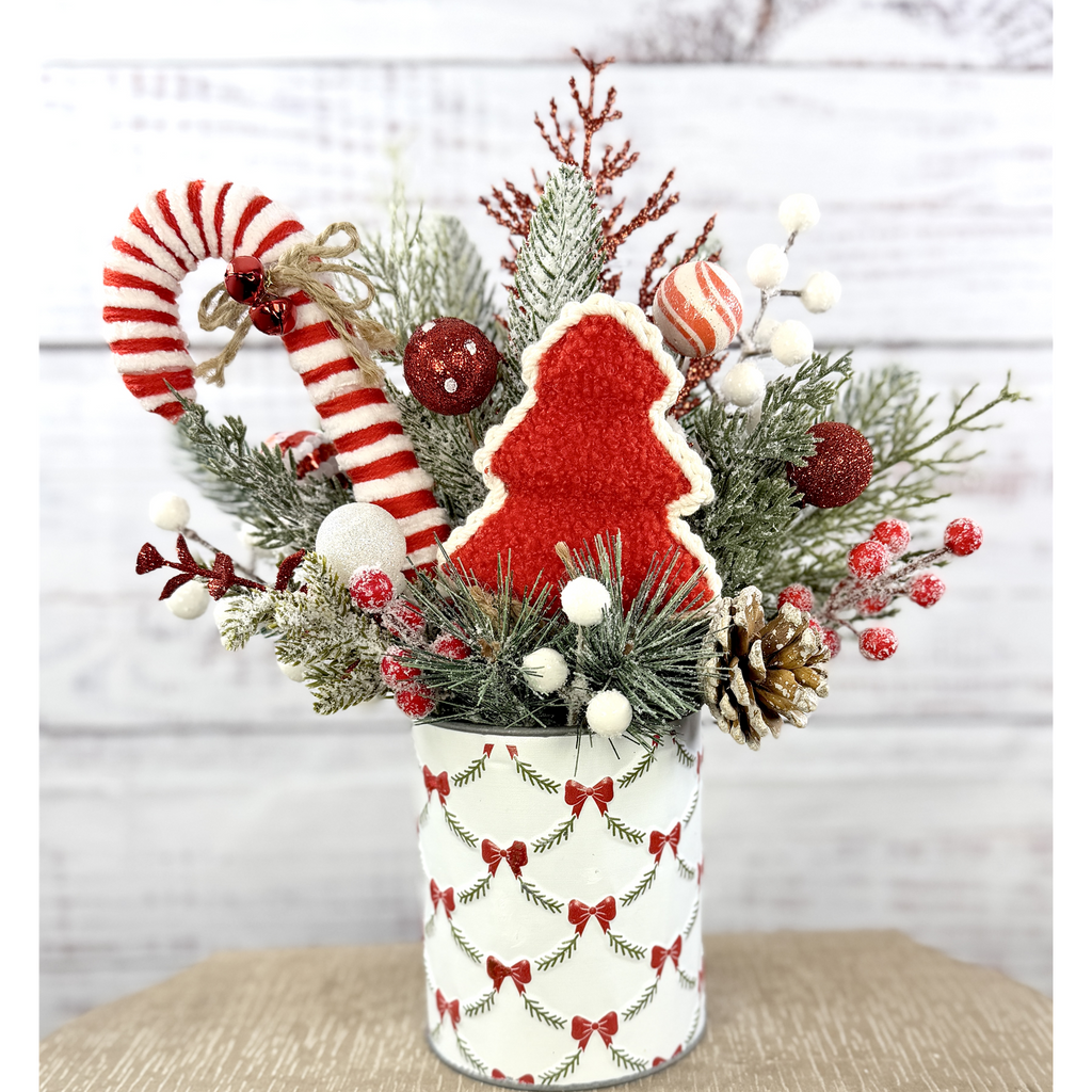 Peppermint Wishes candy cane Christmas arrangement in holiday tin