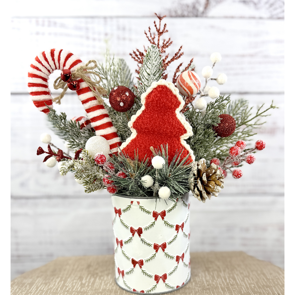 Peppermint Wishes candy cane Christmas arrangement in holiday tin