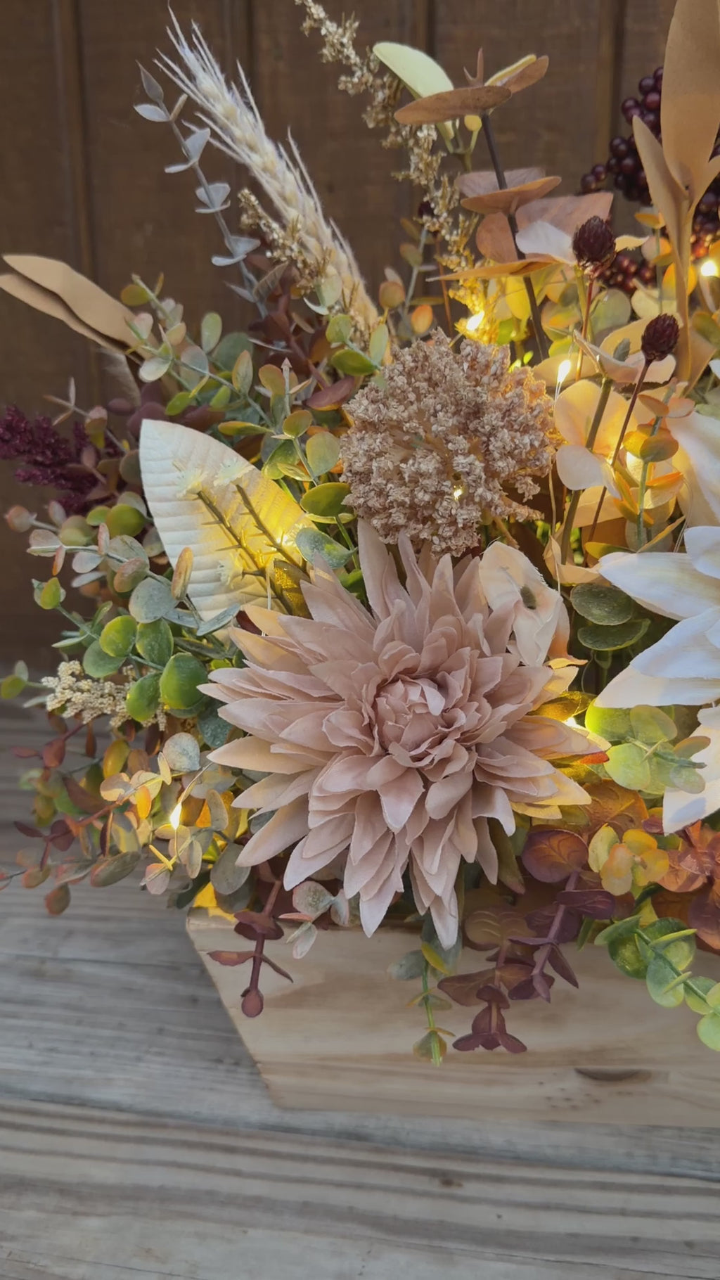 Lighted Sunflower Fall Floral Arrangement – Burgundy & Mauve Wood Trough