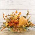 Pumpkin Spice fall floral arrangement in a wooden dough bowl