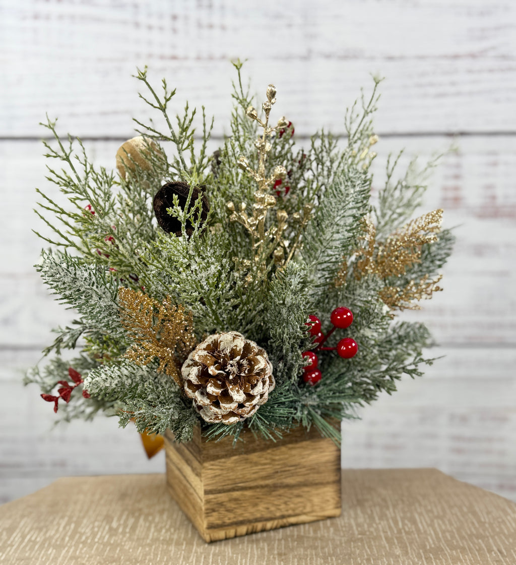 Finished back with snowy pinecone and greenery