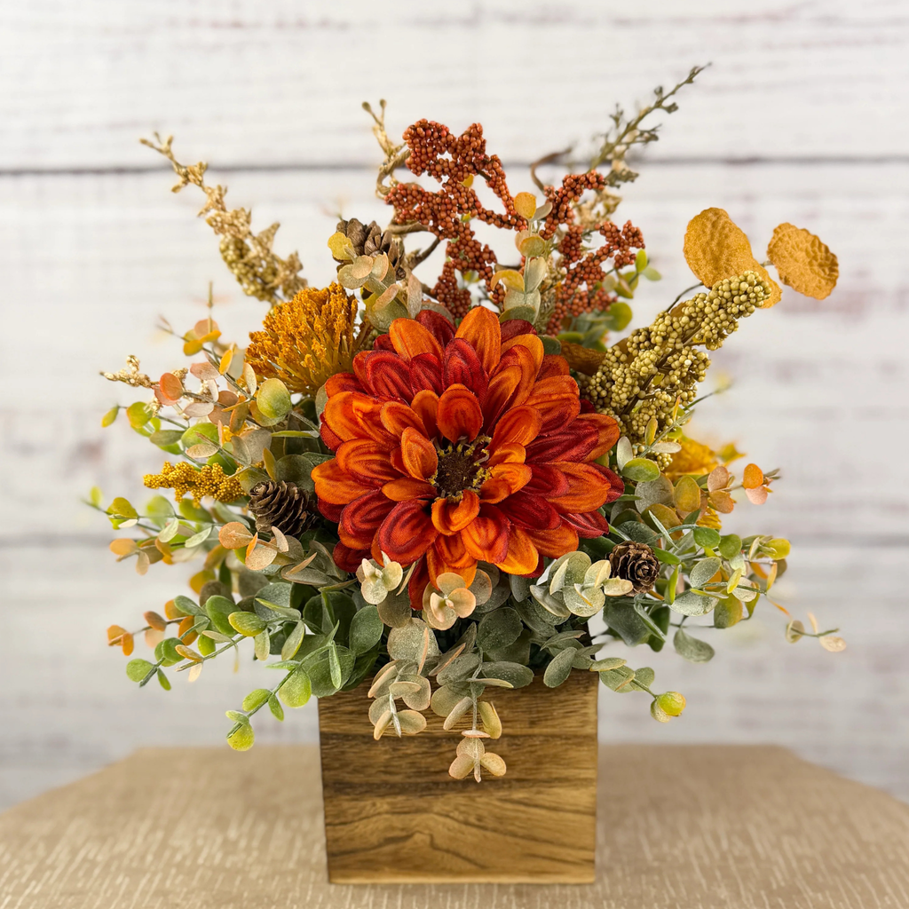 Copper Grove Fall Floral Arrangement in Wood Cube Box
