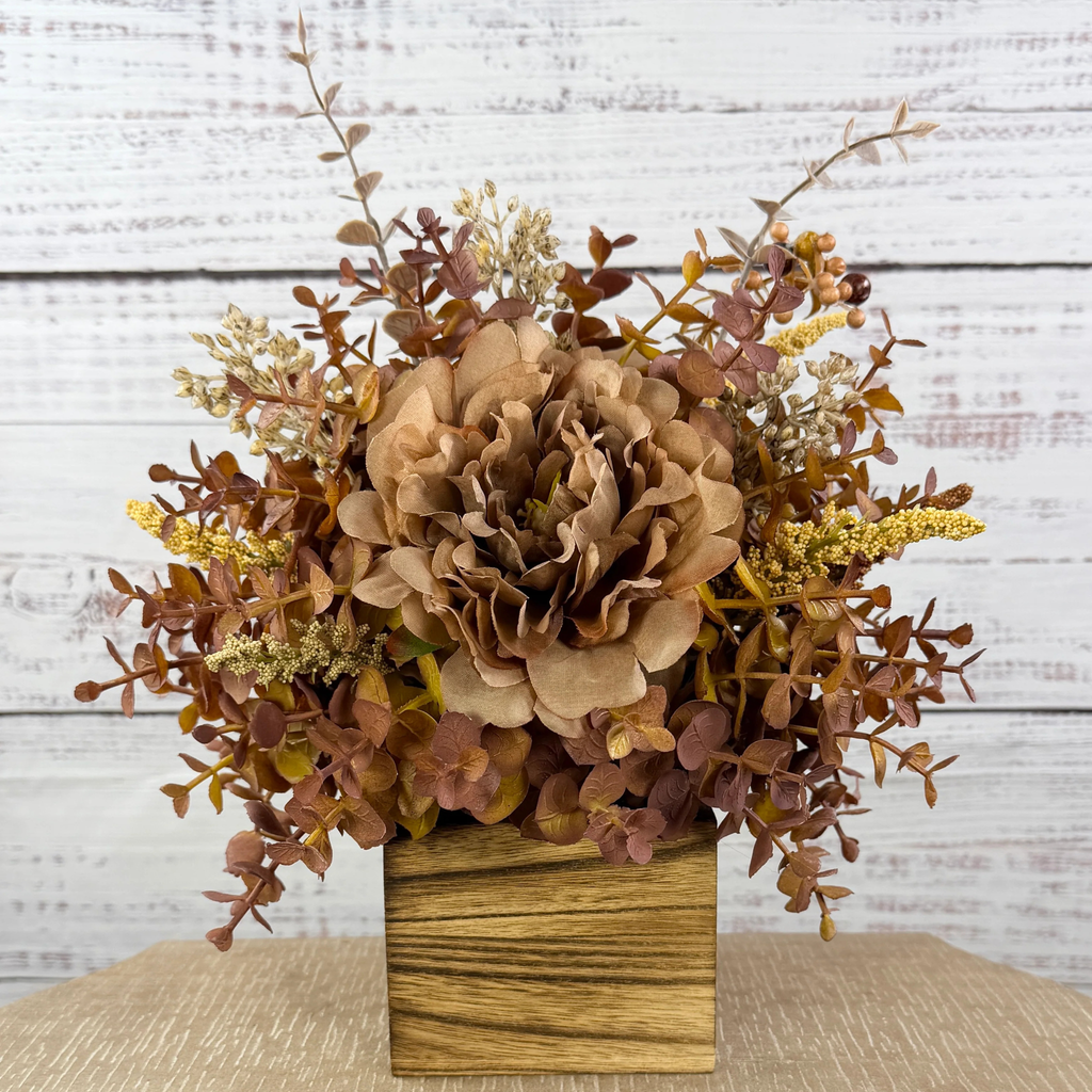 Autumn Mocha Fall Floral Arrangement – Rustic Wood Cube Centerpiece