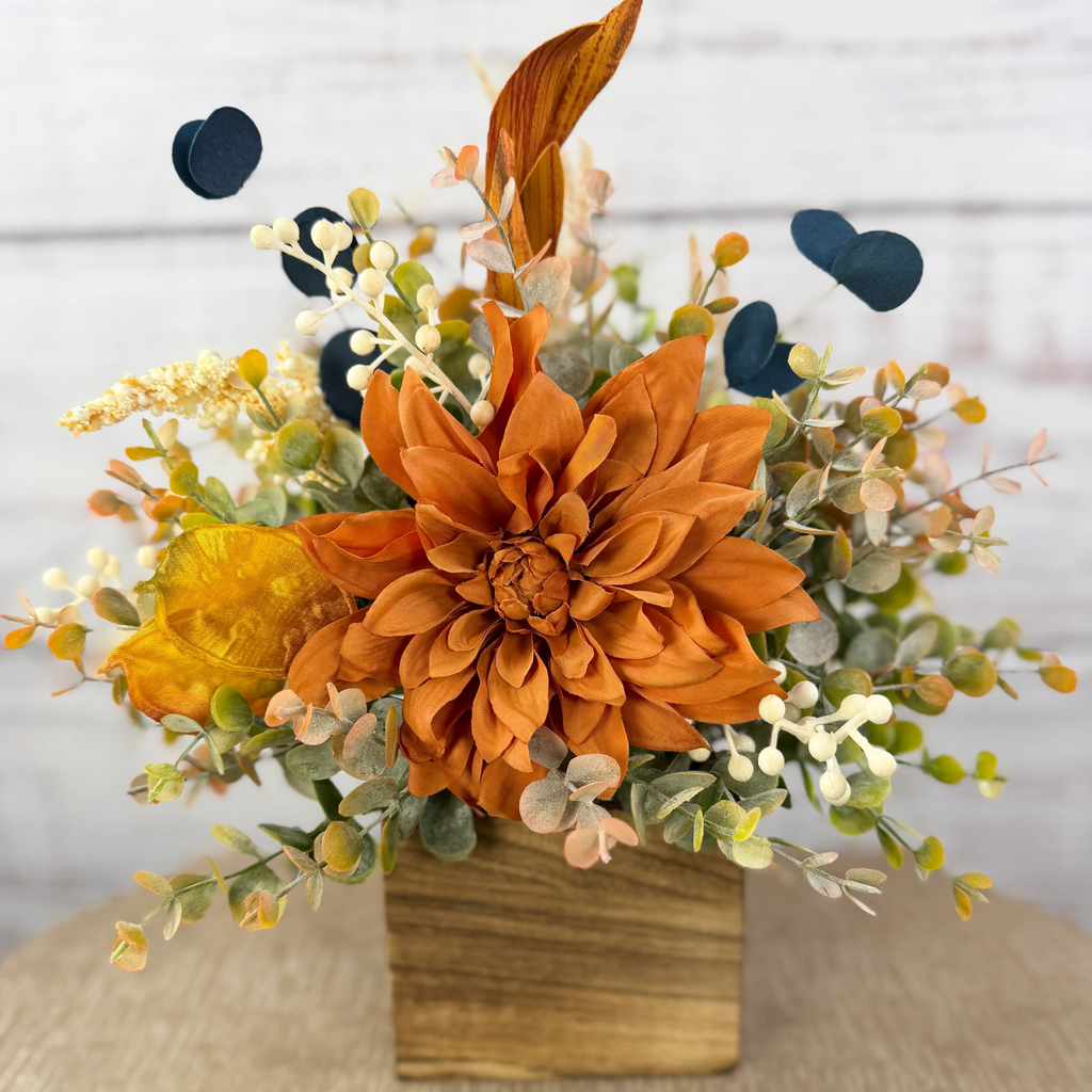 Autumn Blue Fall Floral Arrangement in Wood Cube