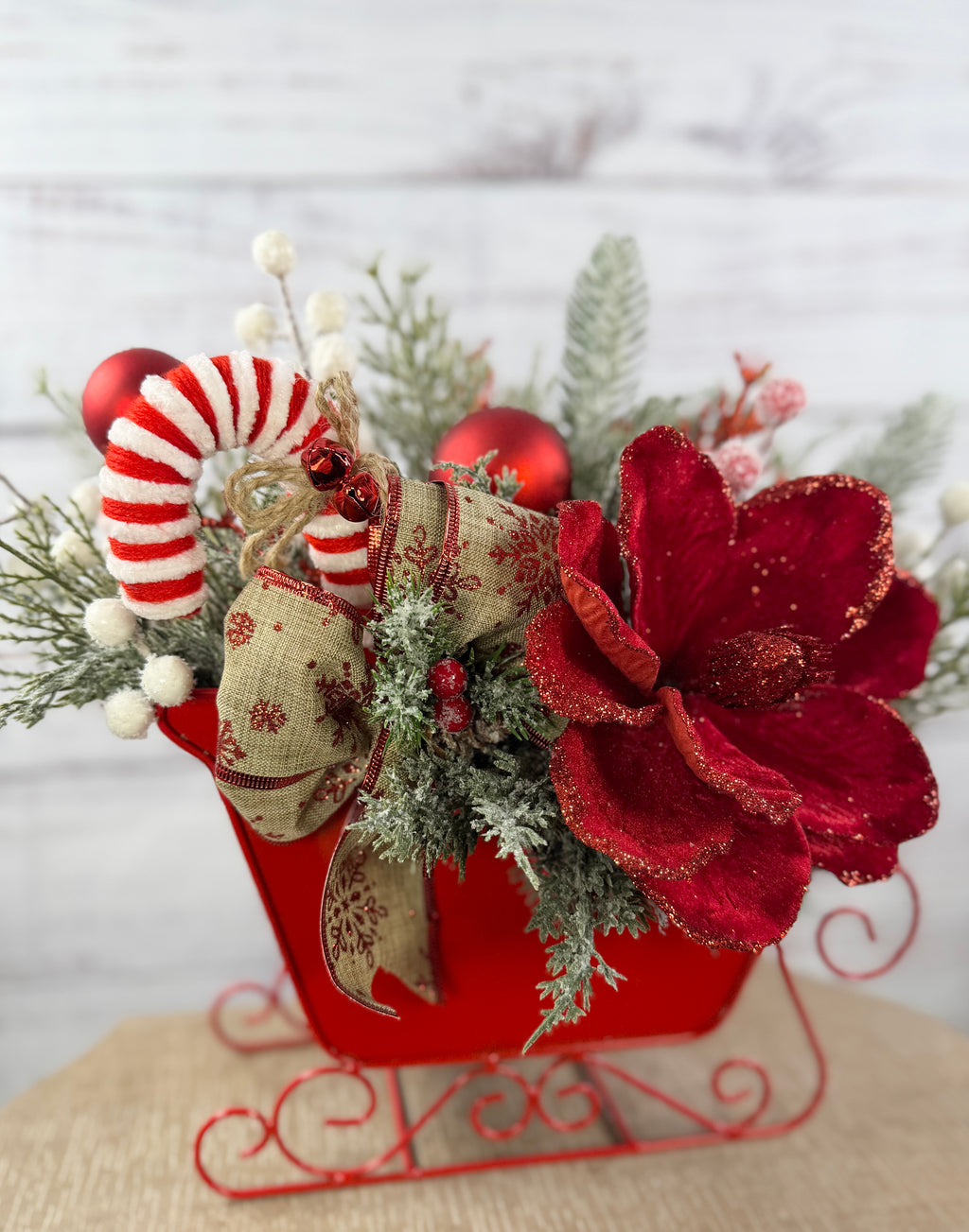 Candy cane, jingle bells and snowflake bow detail