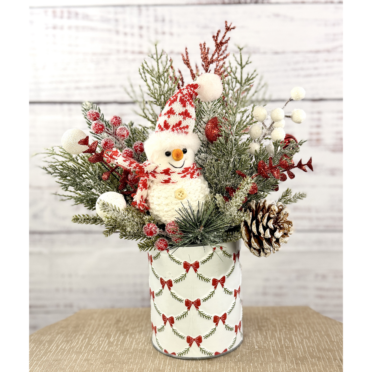 Snowberry Smiles snowman Christmas arrangement in holiday tin