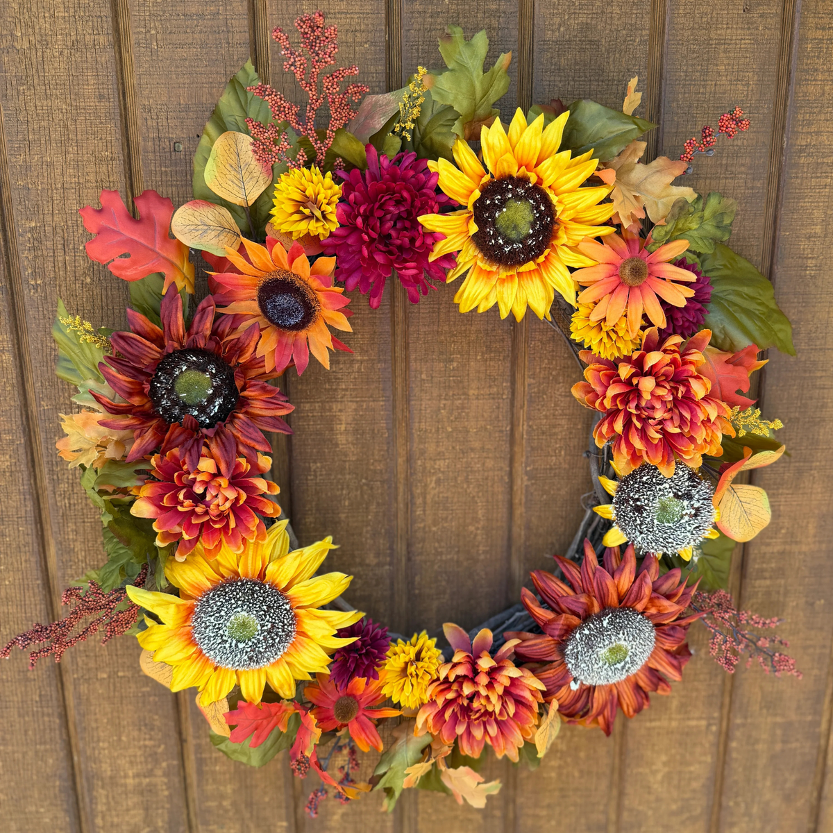 Sunflower Fall Floral Wreath | Orange, Yellow & Burgundy | 27" Round